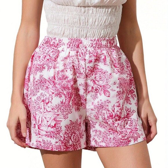 Pants - Red Boho Womens Casual Beach Shorts Elastic Floral Wide Leg Streetwear